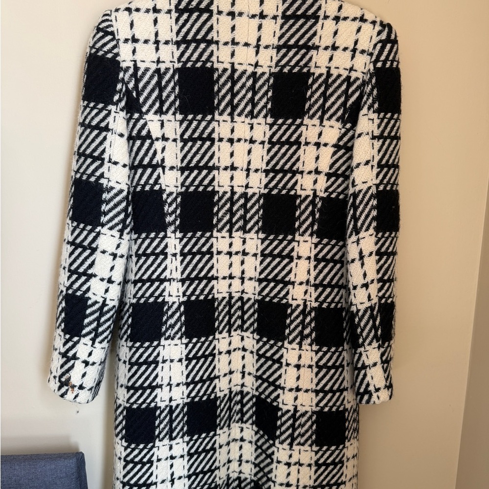Angel Nina Plaid Wool Blend Coat Women Size 40 Black Cream Long Zip Jacket - Picture 5 of 16